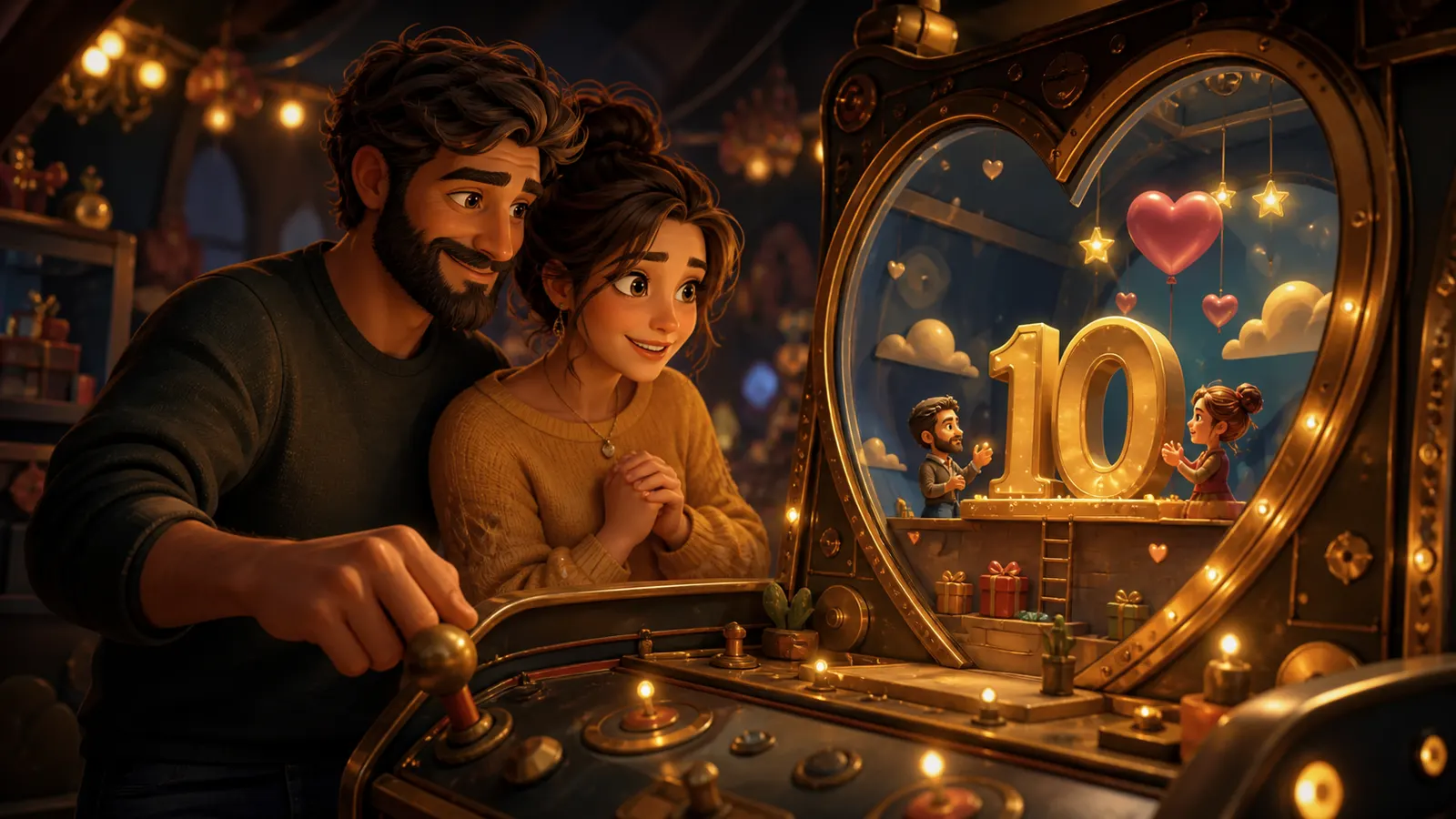 An illustrated couple leaning over a glowing heart-shaped display showing a golden number ten.