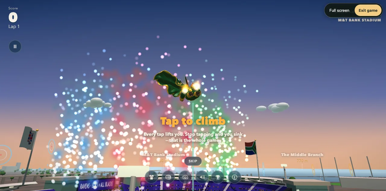 A stadium and city scene during the opening of 3D Fly Pass.