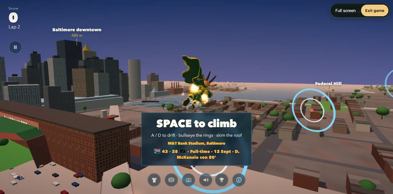 A flyer above a city and stadium in 3D Fly Pass, with the climb prompt visible.