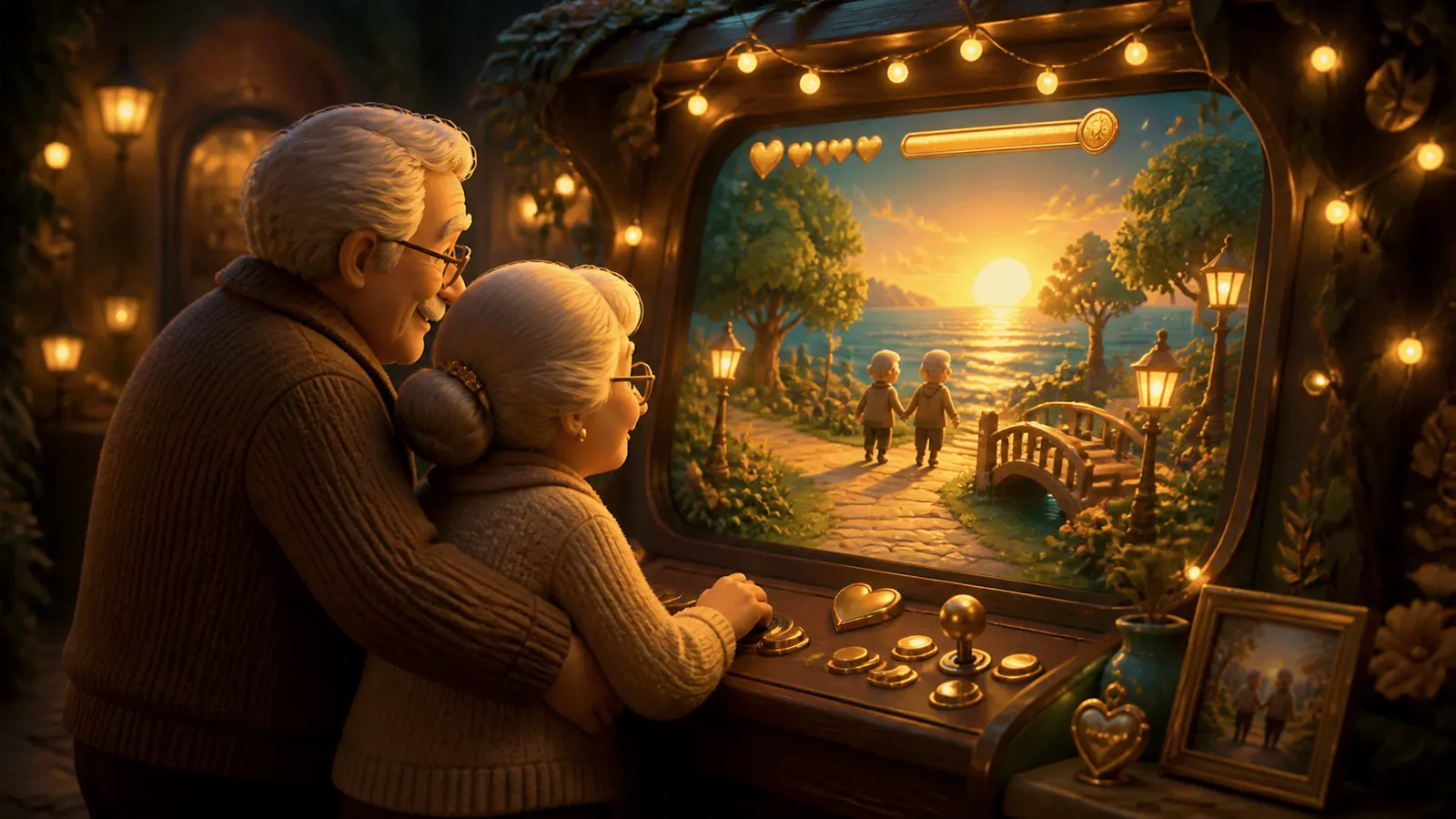 An illustrated older couple watching a golden sunset scene of two figures walking hand in hand.