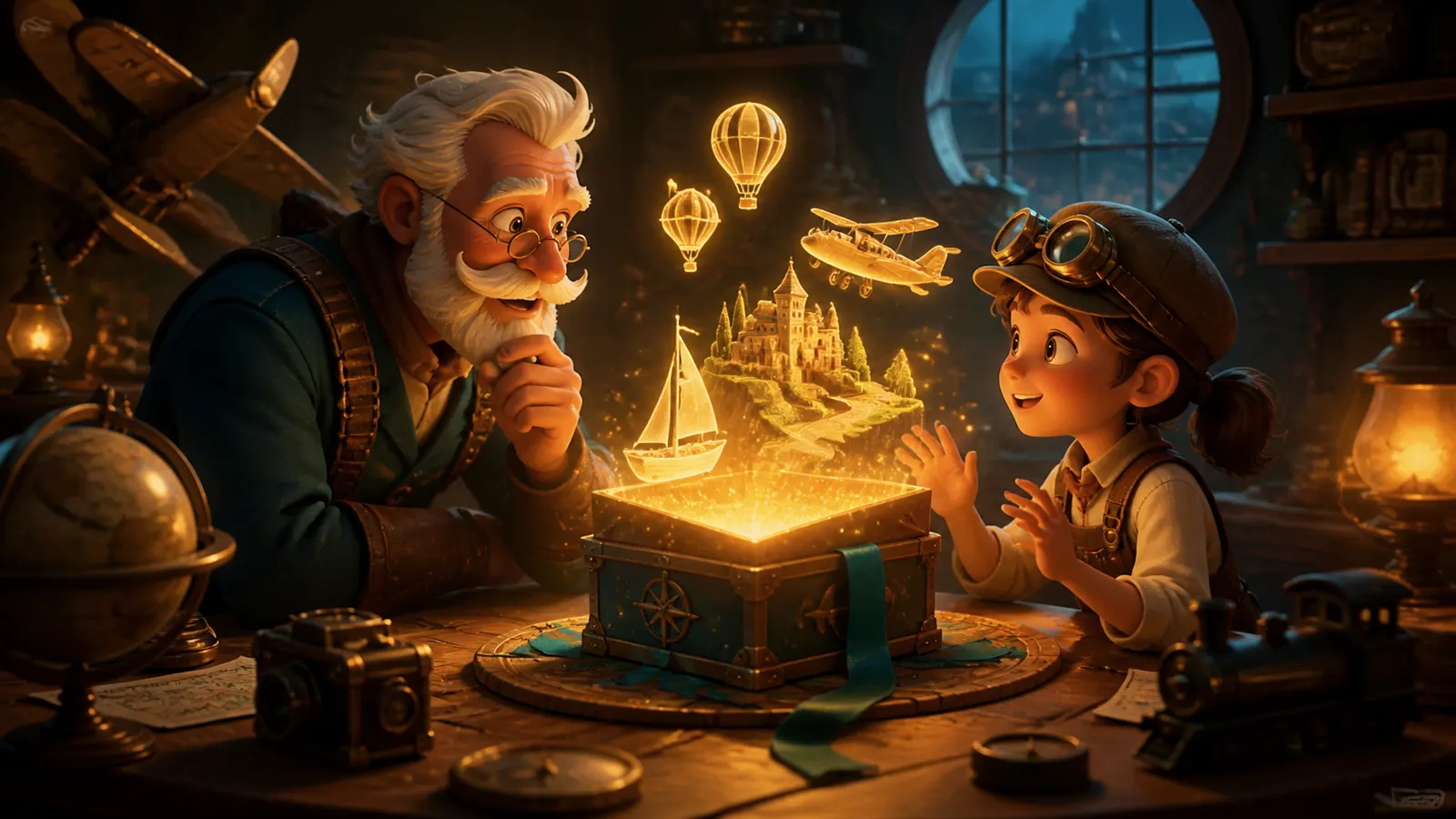 An illustrated grandfather and grandchild watching a glowing box project a castle, a boat and a biplane.