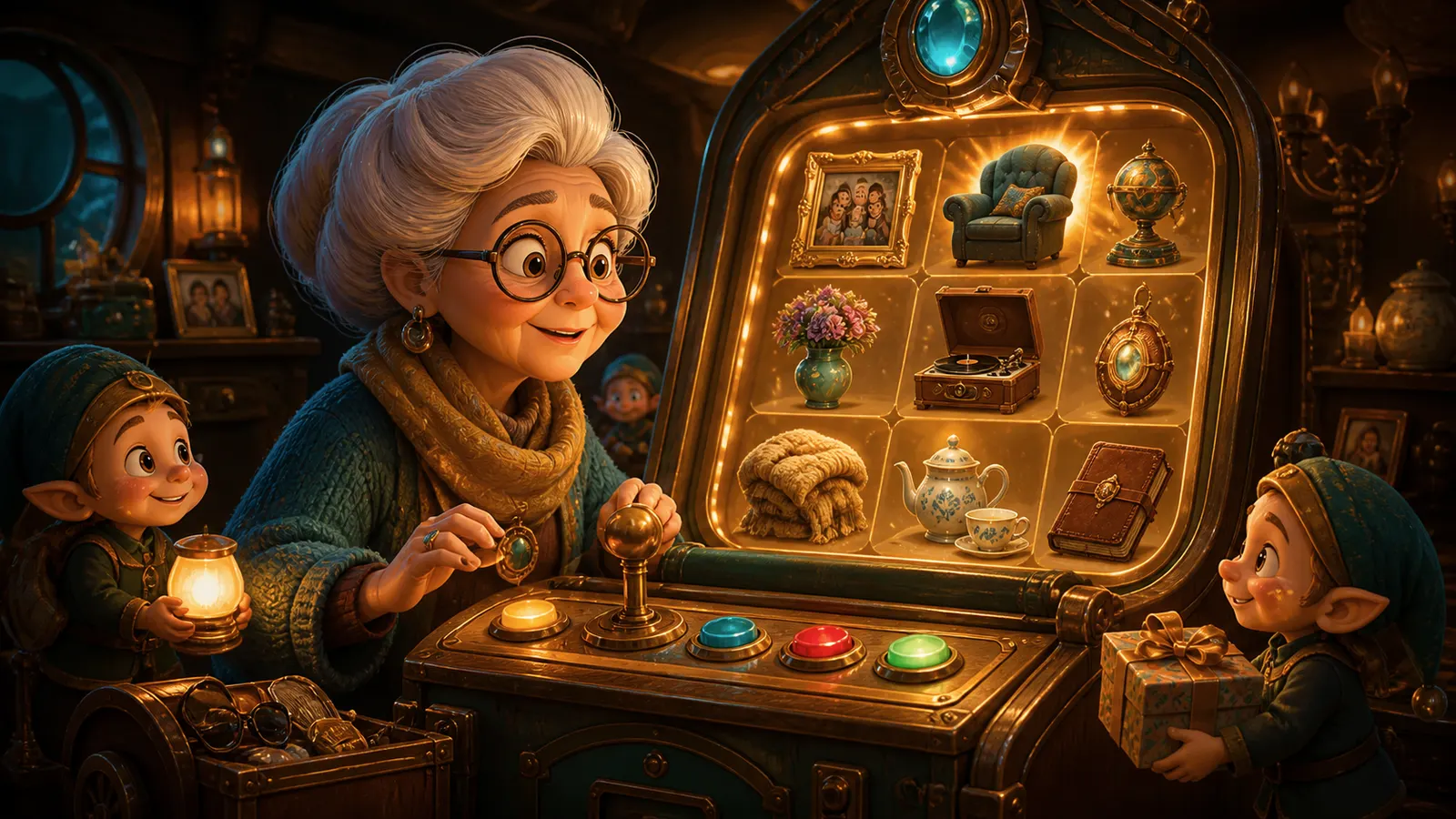 An illustrated grandmother at a console of lit memories: an armchair, a gramophone, a teapot, a photograph.