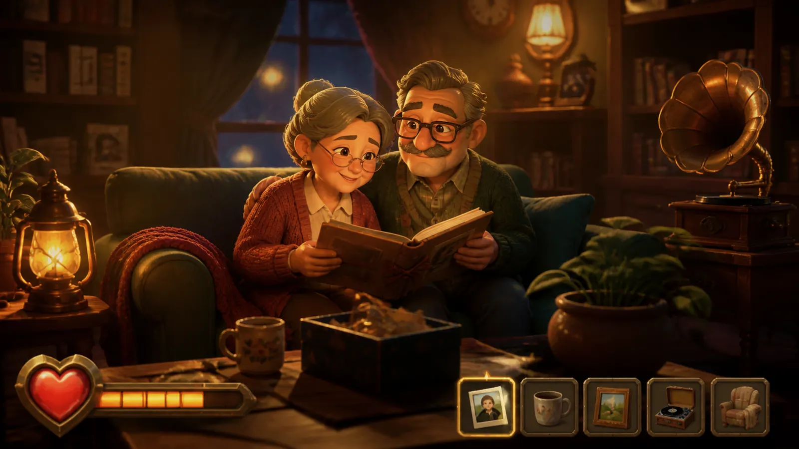 An illustrated older couple reading a photograph album together on a sofa by lamplight.