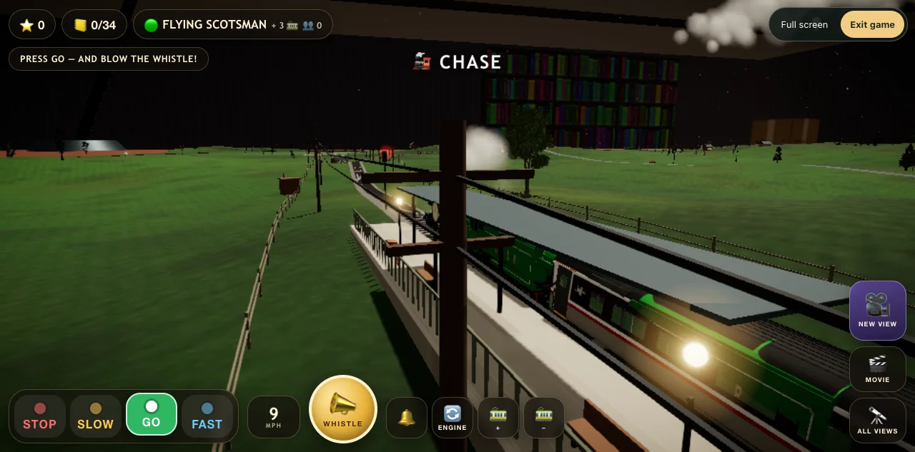 A steam train and platform viewed from a moving camera in Attic Express.