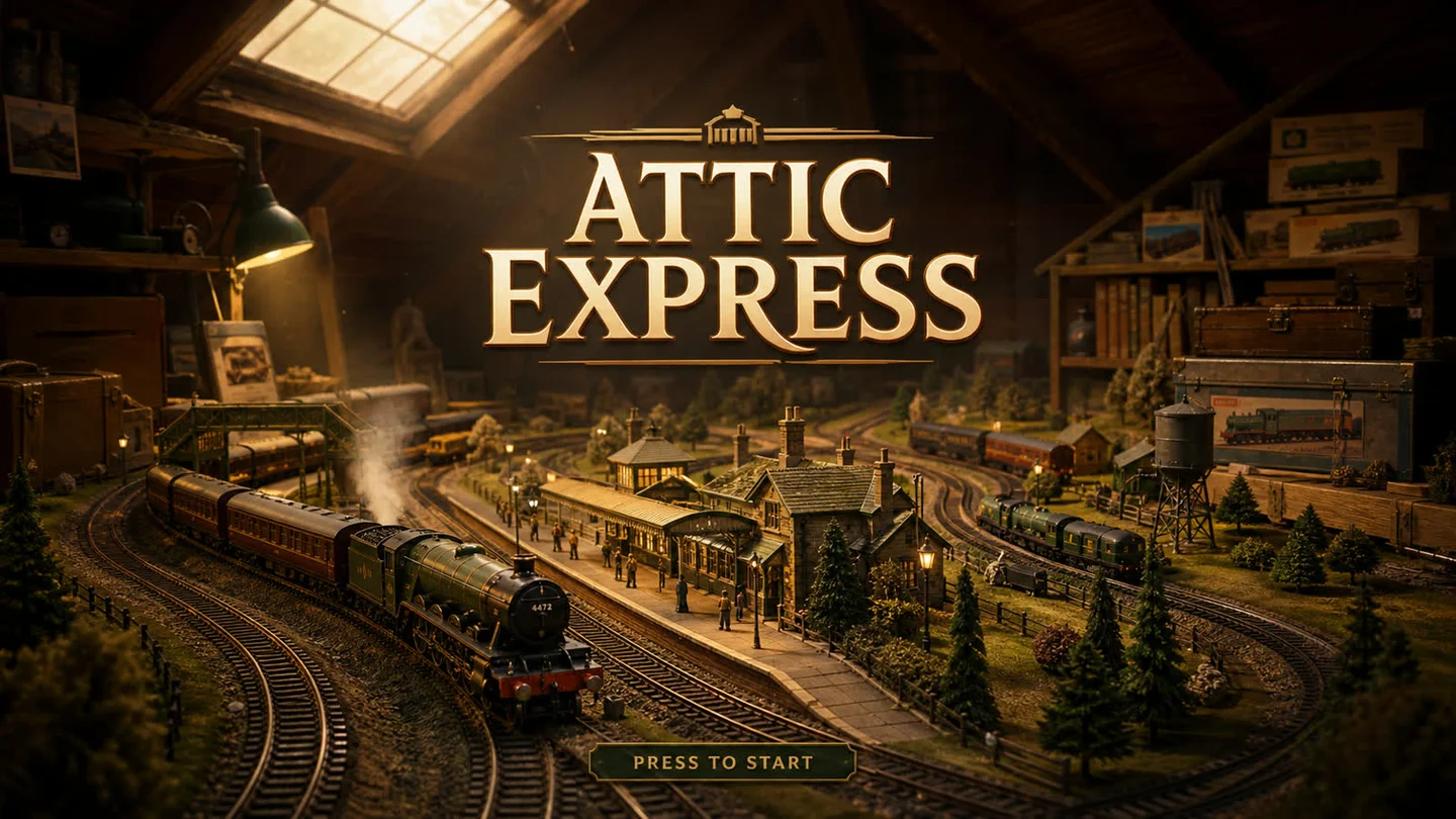 Attic Express title artwork showing a model railway in a warmly lit attic.