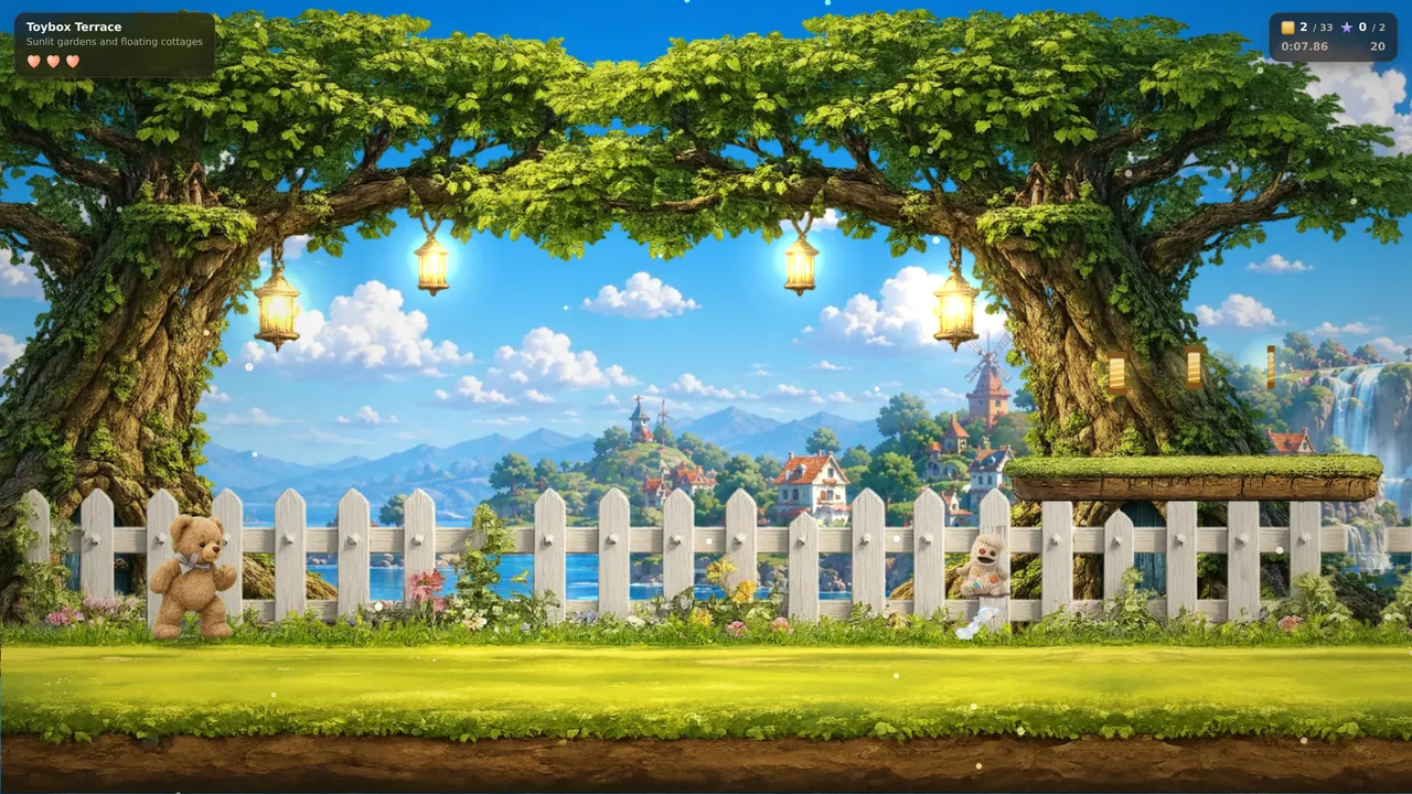 A wider view of Toybox Terrace showing the teddy beneath a large tree with hanging lanterns, a mossy platform above and a waterfall in the distance.