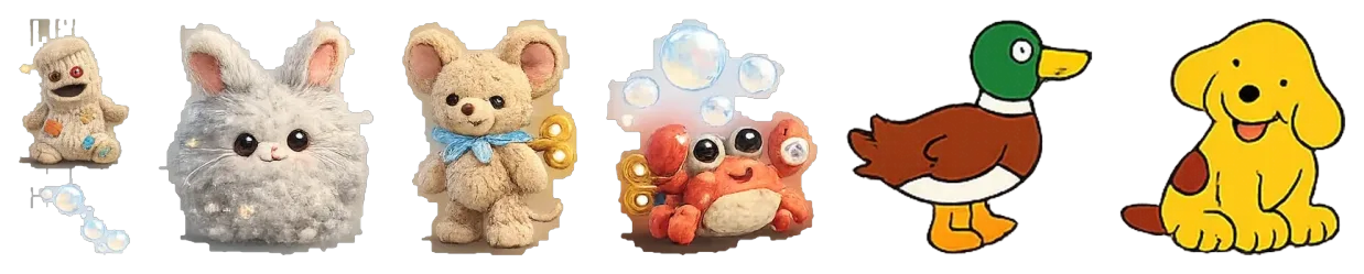 Supporting cast sprites: a sock, a rabbit, a mouse, a crab, a duck and a puppy.