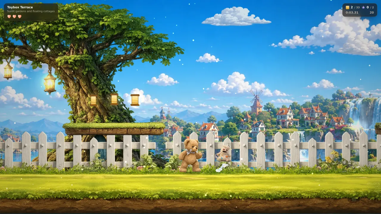 Gameplay in Toybox Terrace, with the teddy running along grass past a white picket fence, a lantern-hung tree and a painted coastline.