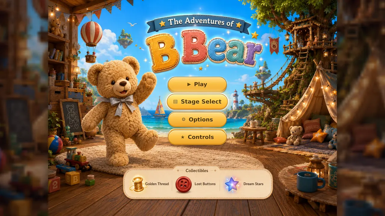 Title screen of The Adventures of B Bear, with a photographed teddy waving beside stitched lettering, a treehouse, a hot air balloon and a coastline behind.