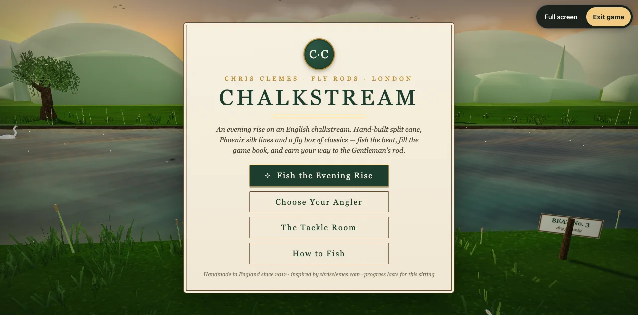Chalkstream title and menu over a 3D river and green banks.