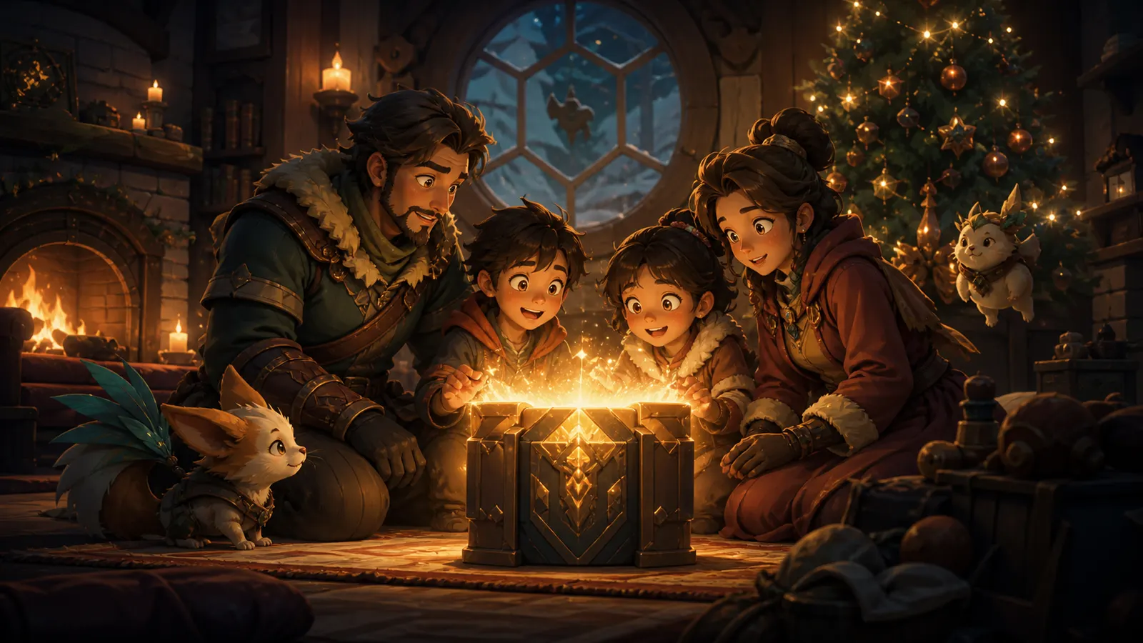 An illustrated family gathered around a glowing gift box by a Christmas tree.