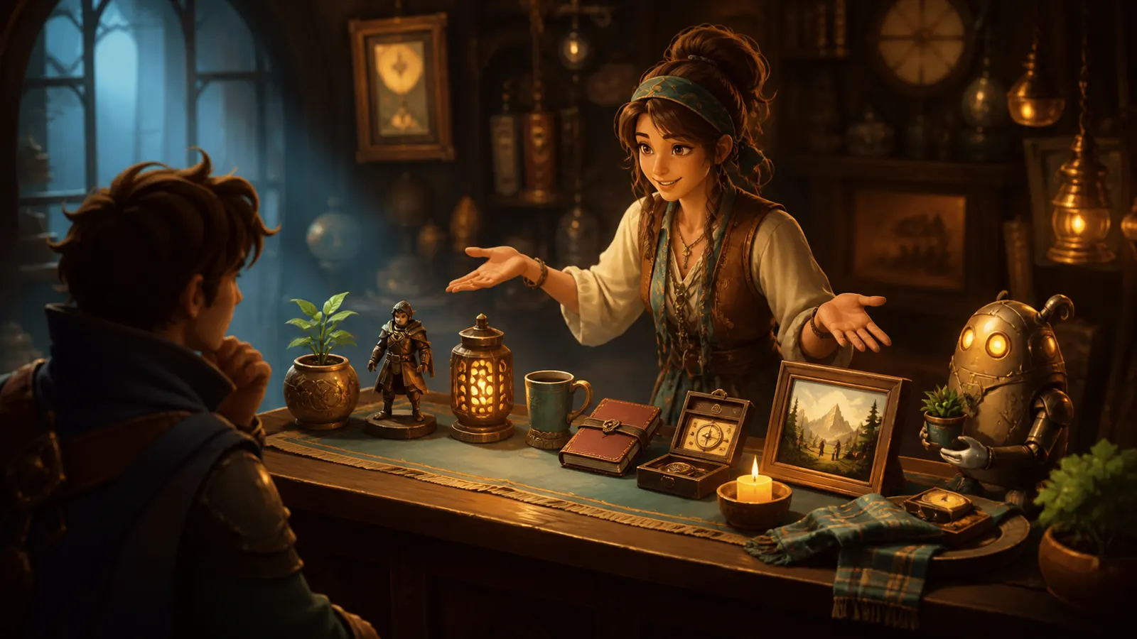 An illustrated shopkeeper presenting a small considered gift across a counter rather than a hamper.