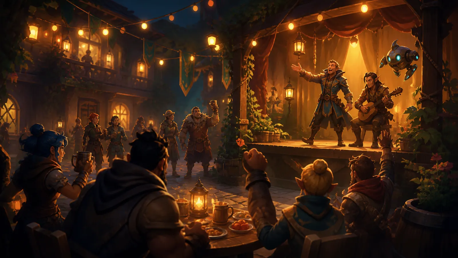 An illustrated audience watching two performers on a small stage at a company event.
