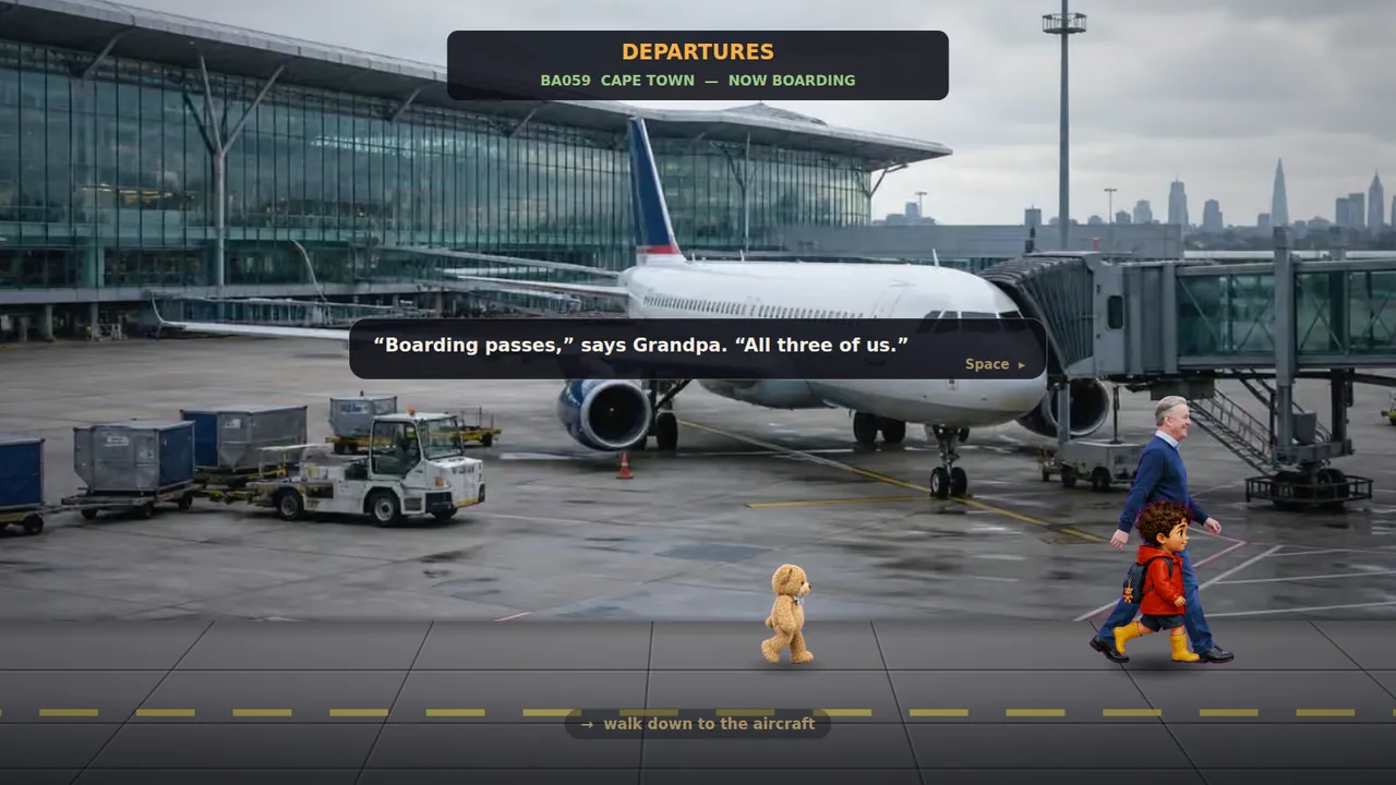 A painted aircraft at the gate from the Edward and B Bear adventure.