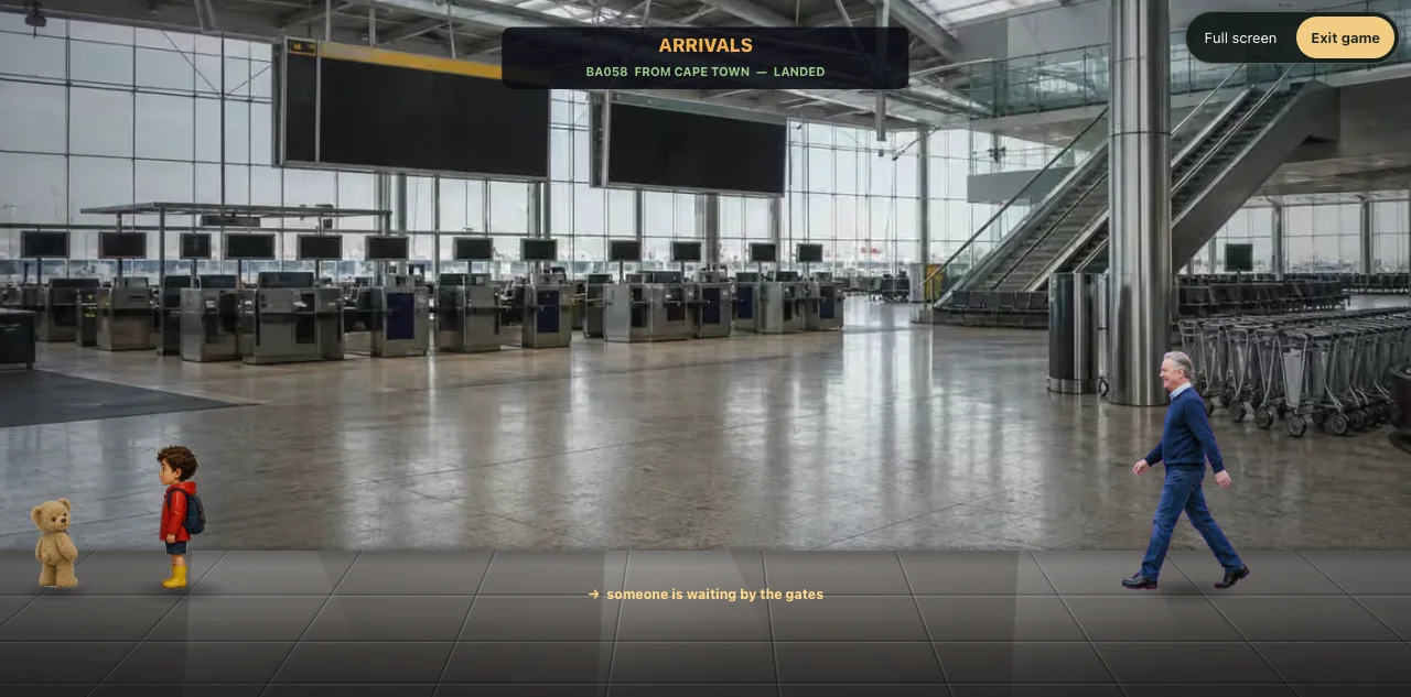 Edward and a small teddy beside an adult in a painted airport arrivals hall.