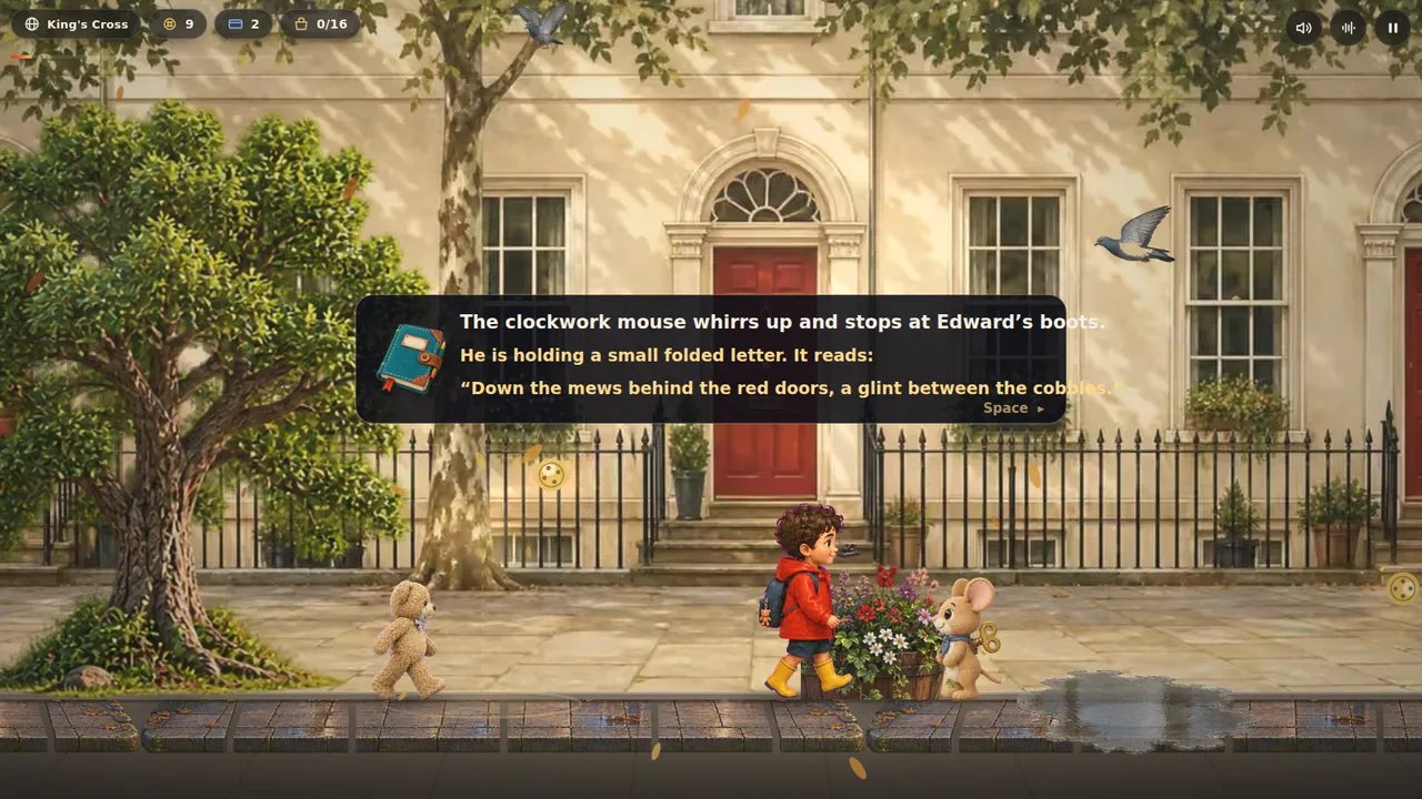 A painted Georgian terrace from the Edward and B Bear adventure, with railings and pavement running across the foreground.