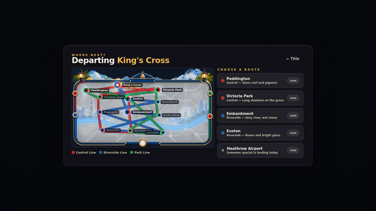 The journey map from the Edward and B Bear adventure, with the route drawn between locations and visited places marked.