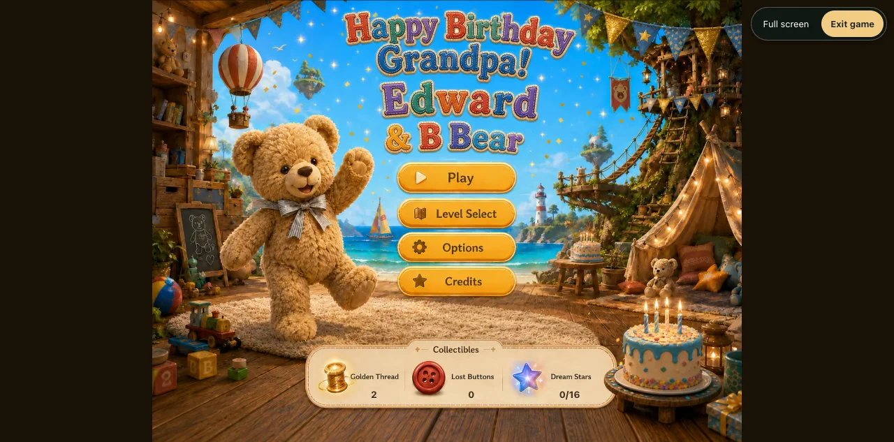 Edward and B Bear’s birthday title screen, with a teddy, treehouse and balloons.