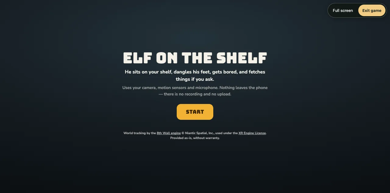 The Elf on the Shelf start screen describing the camera experience.