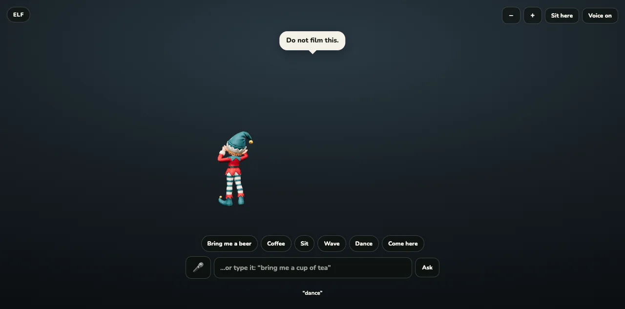 A small 3D elf with action buttons in the camera-free view.