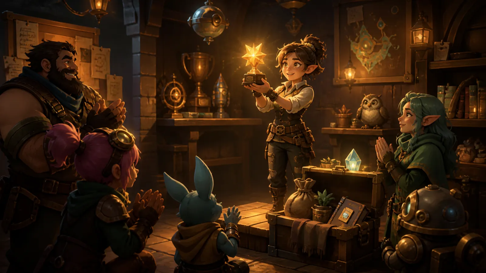 An illustrated colleague being handed a small glowing star award in front of their team.