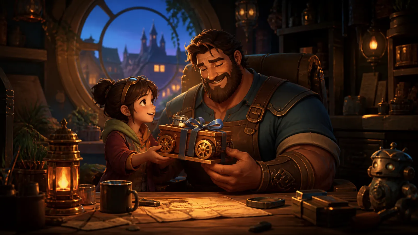 An illustrated father and daughter opening a wrapped present together at a workbench.