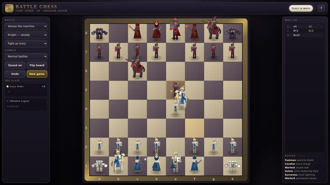 A cavalier landing a lance strike on a footman in Fighting Chess, with the captured square highlighted.