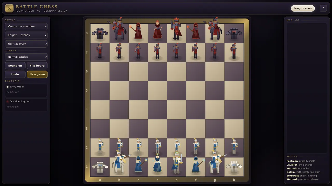 The opening position of a commissioned chess game, with two hand-painted armies facing each other.
