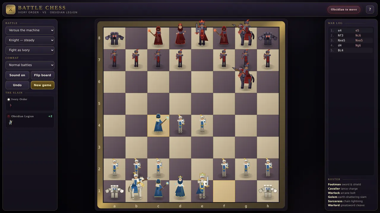 The Fighting Chess interface showing the war log listing moves in algebraic notation alongside the slain pieces panel.