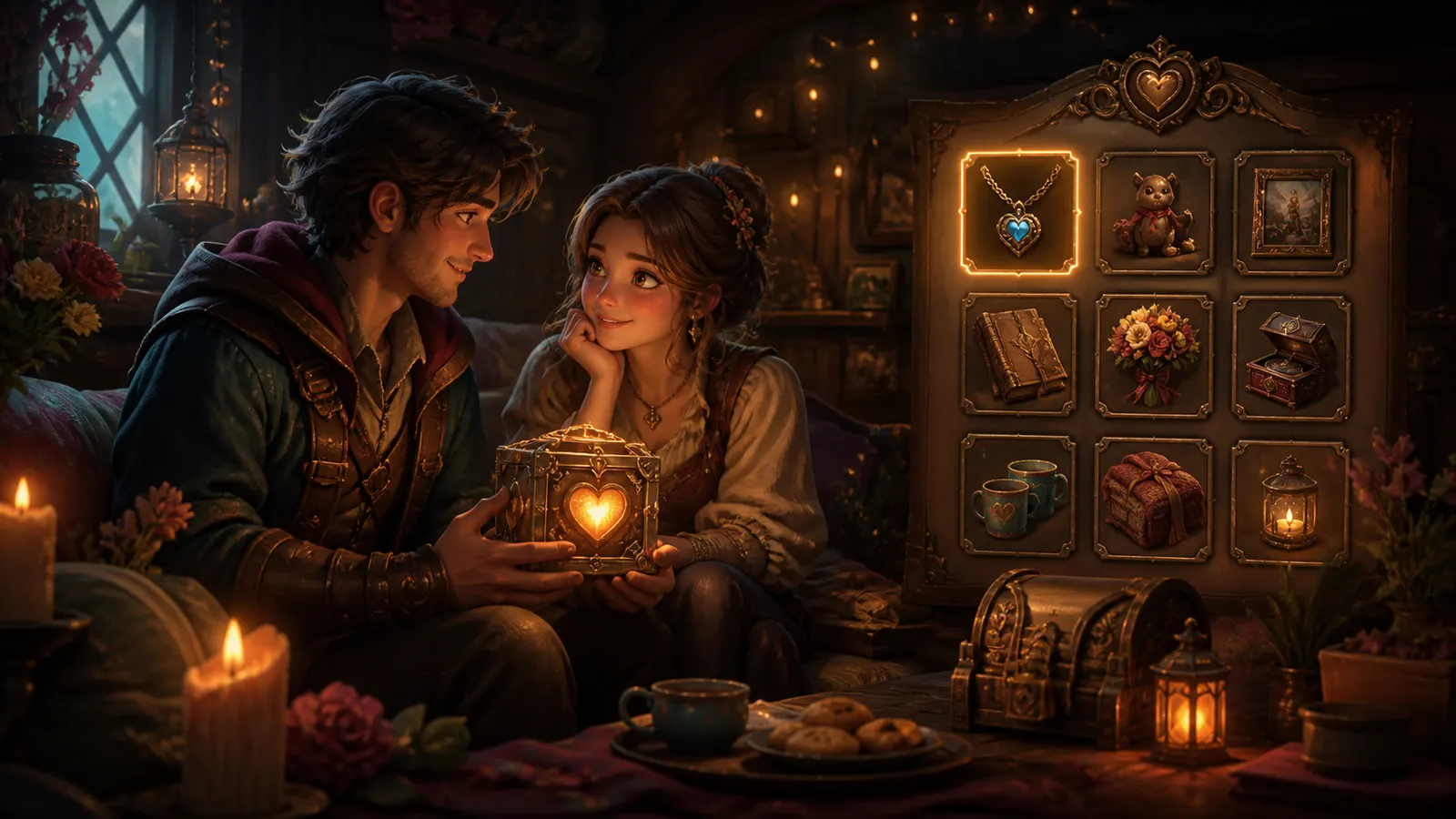 An illustrated couple holding a small glowing keepsake beside a wall of framed first-year memories.