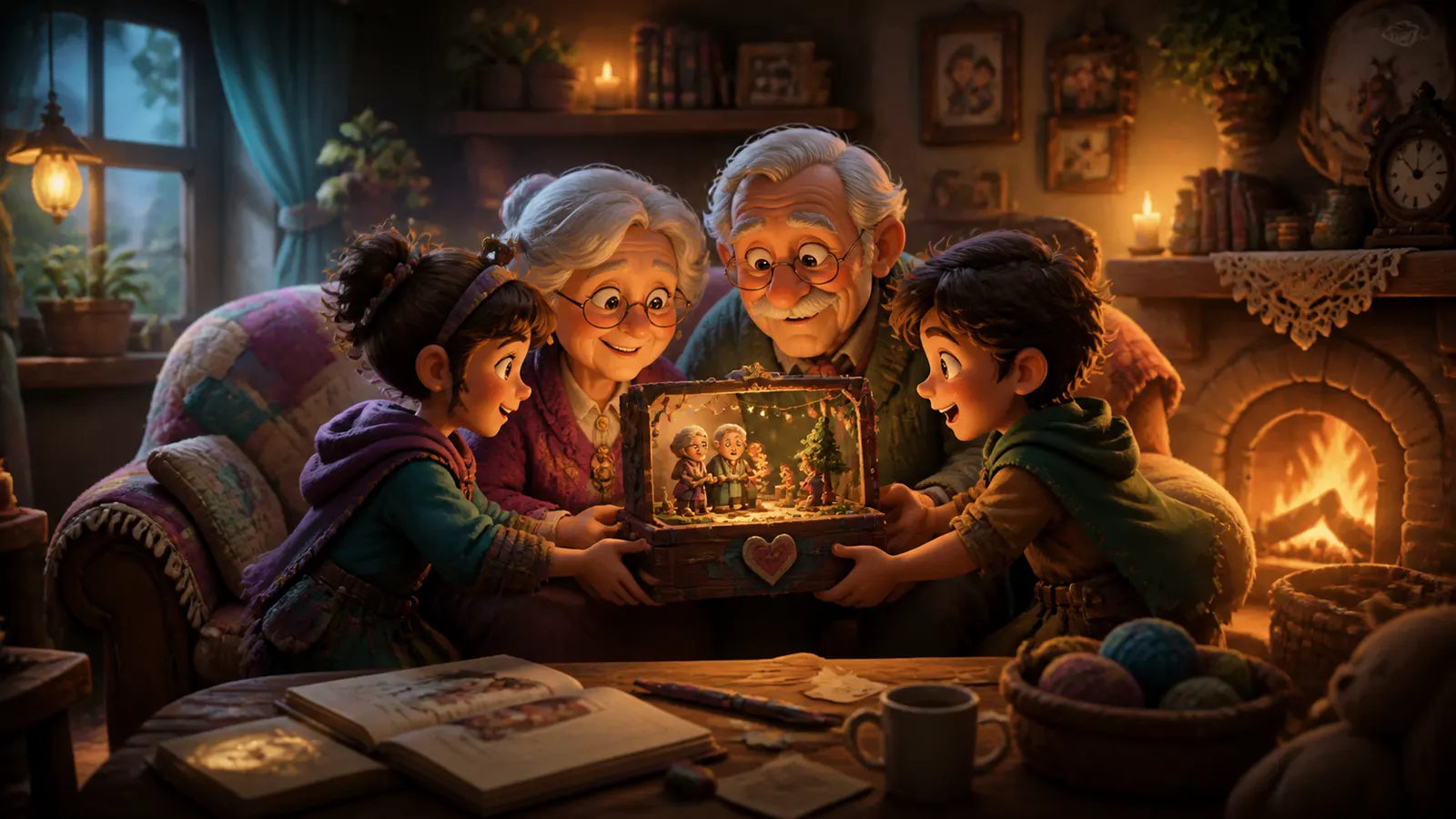 An illustrated pair of grandparents being shown a framed picture by two grandchildren.
