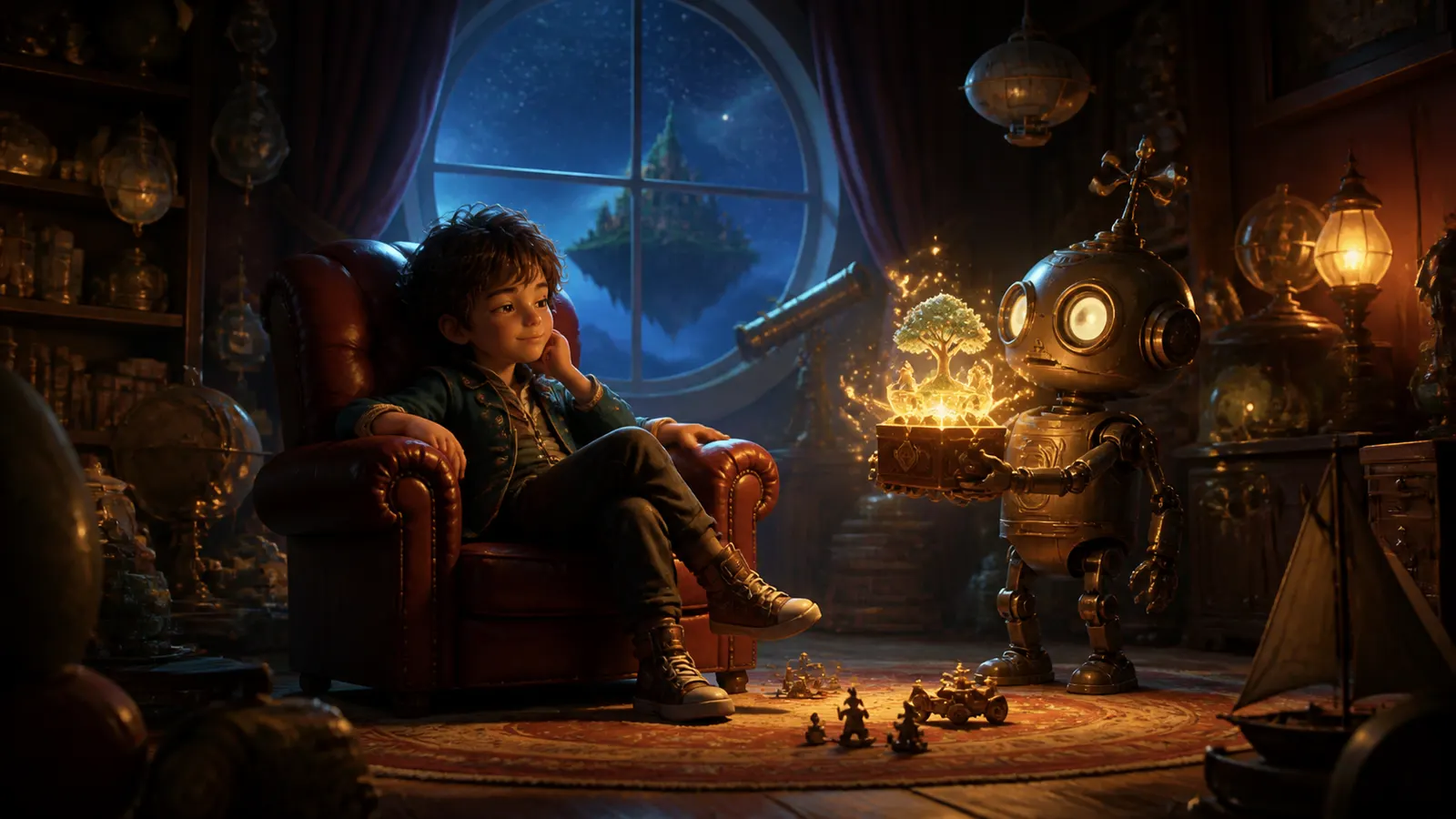 An illustrated child sitting alone in a full playroom, looking at one glowing gift on a table.