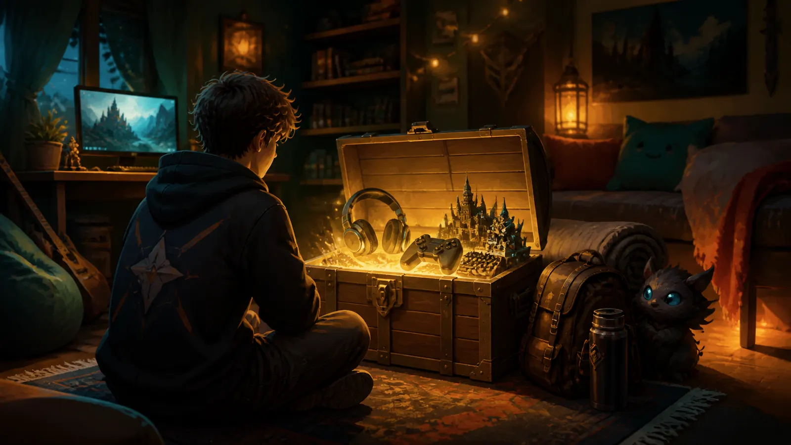 An illustrated teenager sitting on the floor of their room beside a glowing chest of gaming kit.
