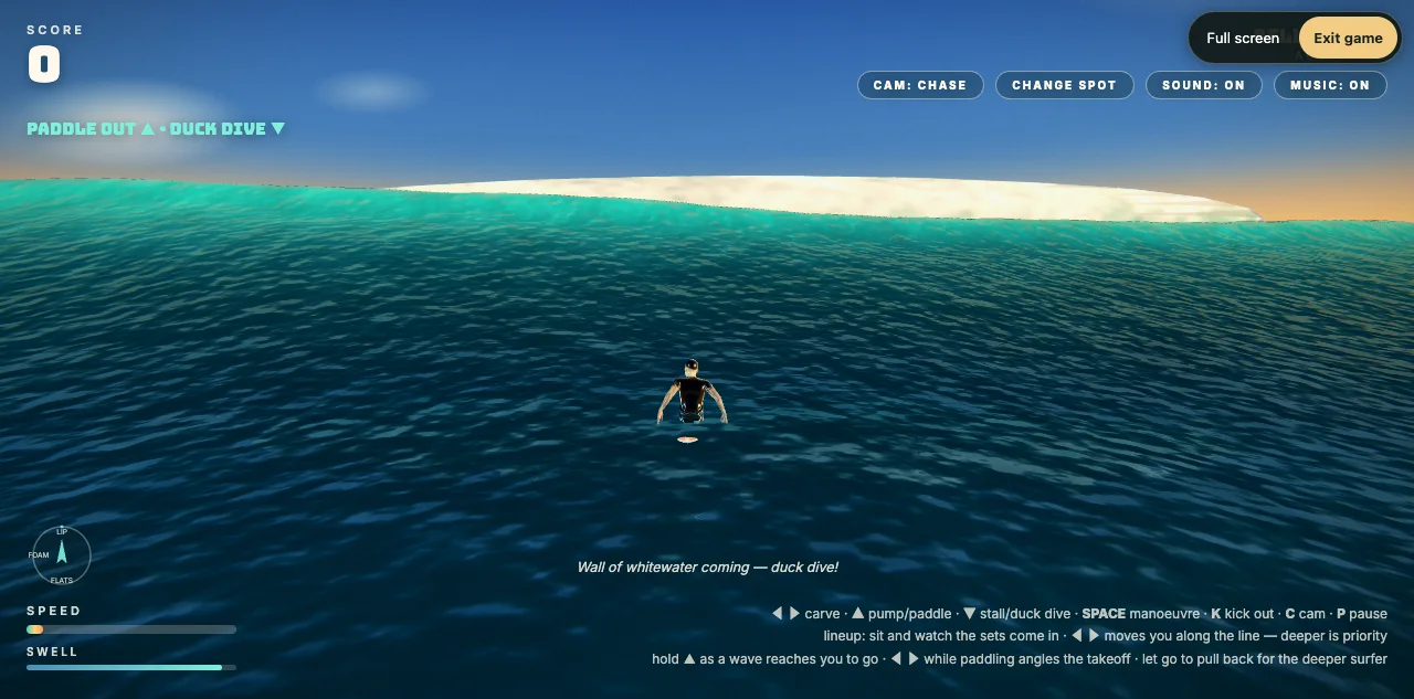 A surfer waiting in the ocean lineup beneath a blue sky in Golden Hour.