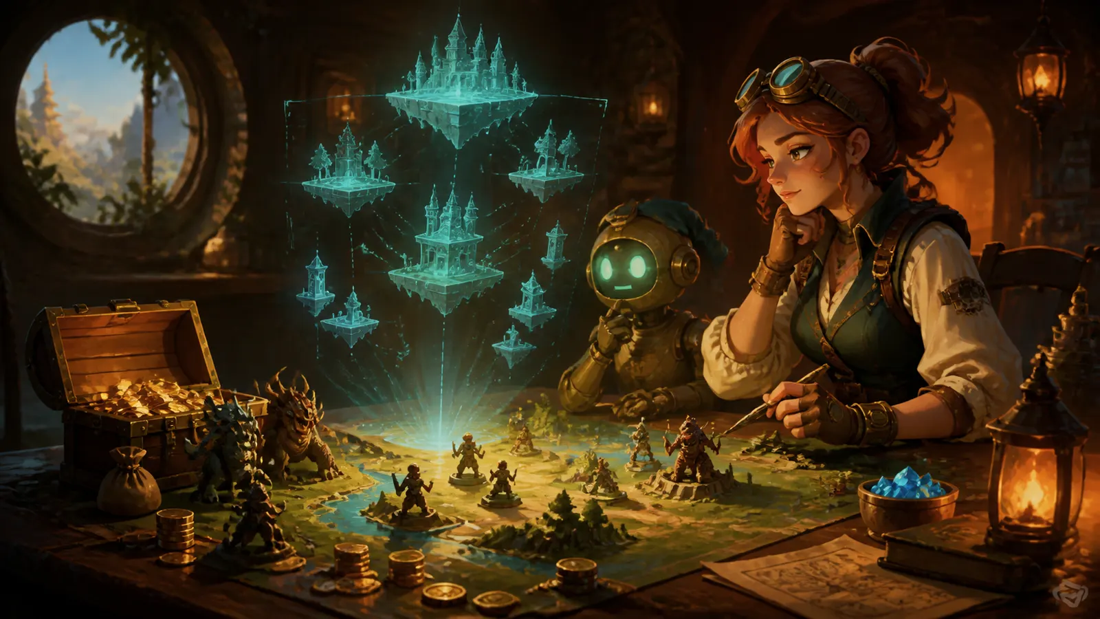 An illustrated developer costing out a game world laid on a table, with a robot assistant beside her.