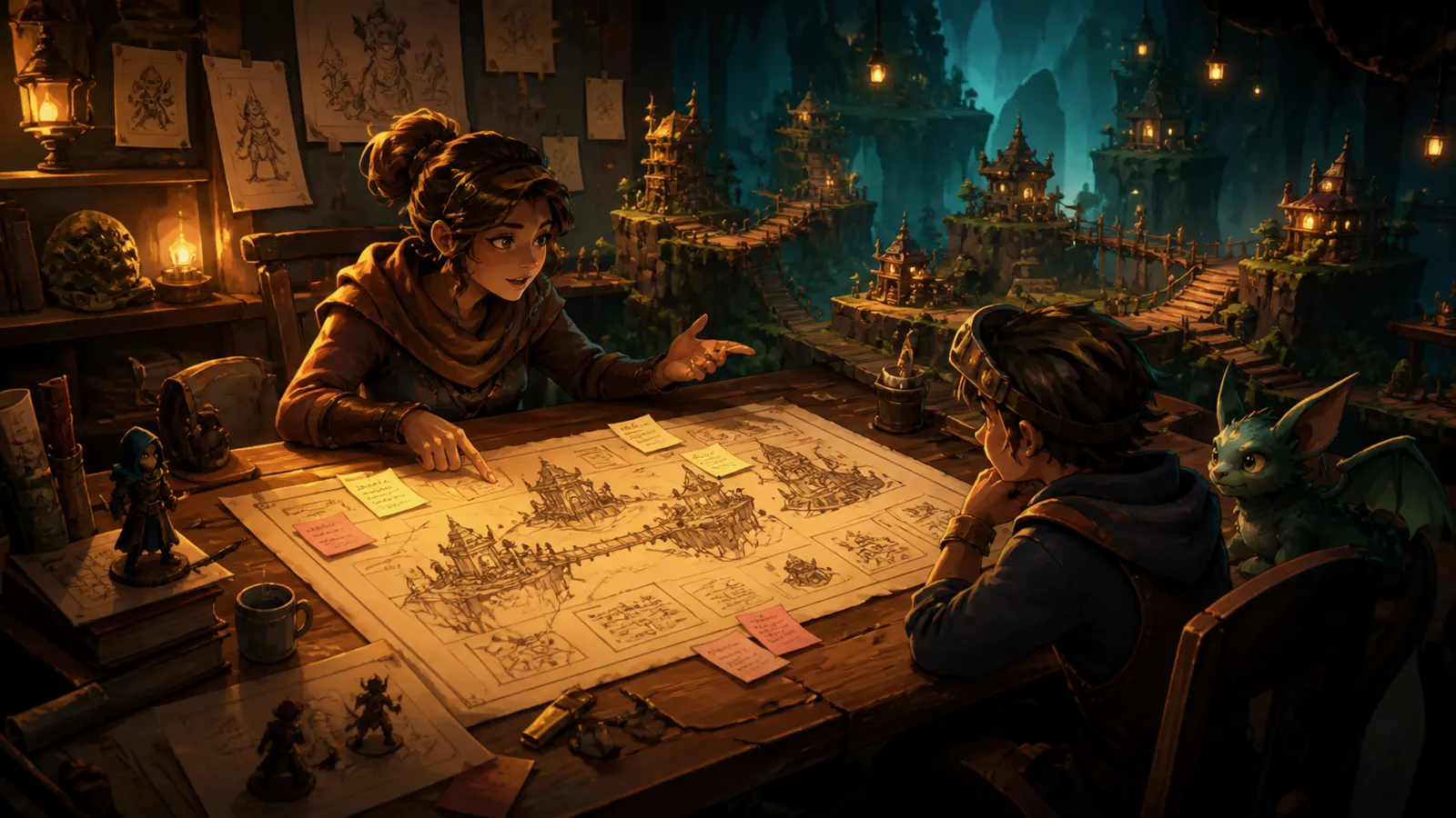 An illustrated pair planning a game across a table covered in notes and sketch cards.