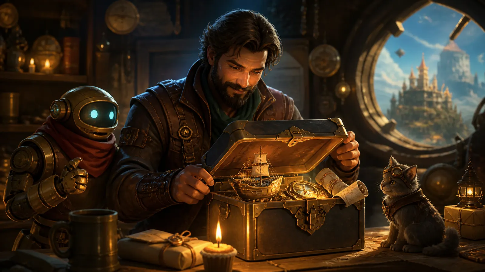 An illustrated man opening a keepsake chest of small treasures at a lamplit desk.