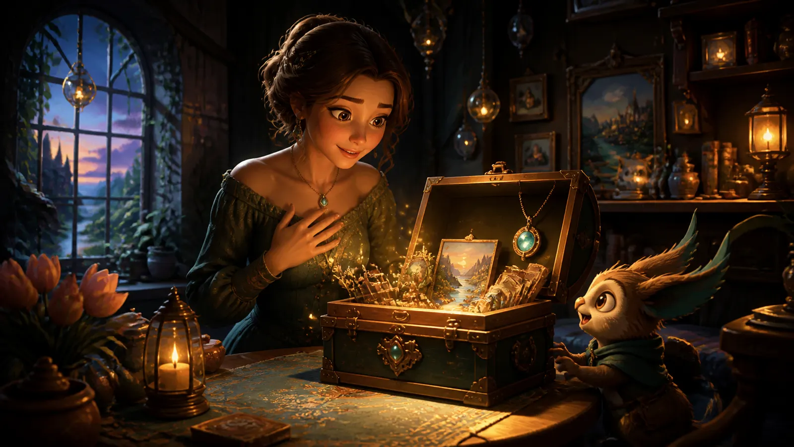 An illustrated woman opening a keepsake box holding a locket and a framed photograph.