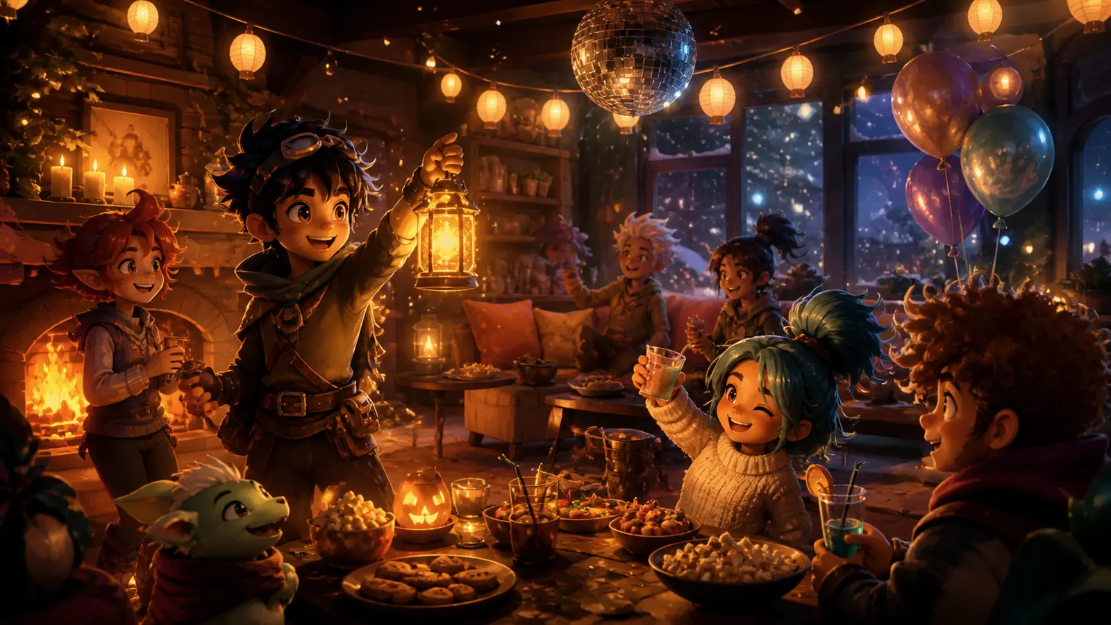 An illustrated house party mid-celebration, guests cheering under lanterns and a mirror ball.