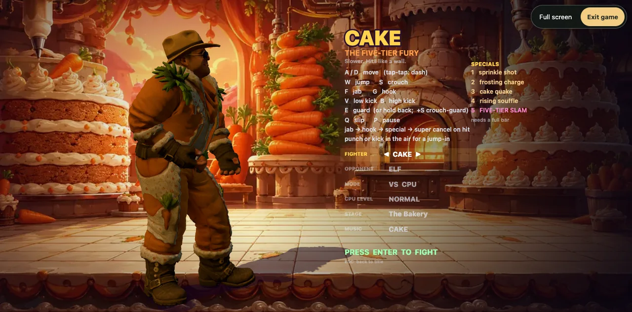Cake on the fighter selection screen, standing in a painted cake shop.