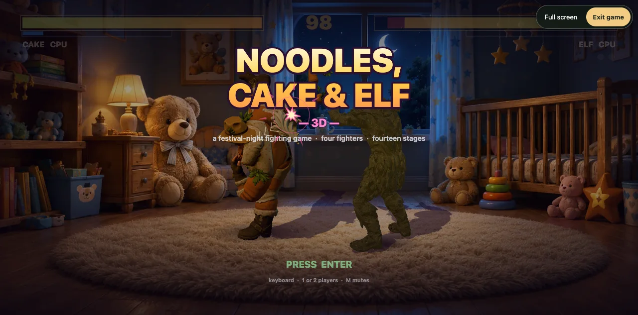 The Noodles, Cake & Elf title screen, with a 3D fighter in a painted bedroom.