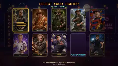 Animated clip from the commissioned fighting game Noodles, Cake & Elf, moving from the character select screen through the versus screen to Round 1 and the first exchange.