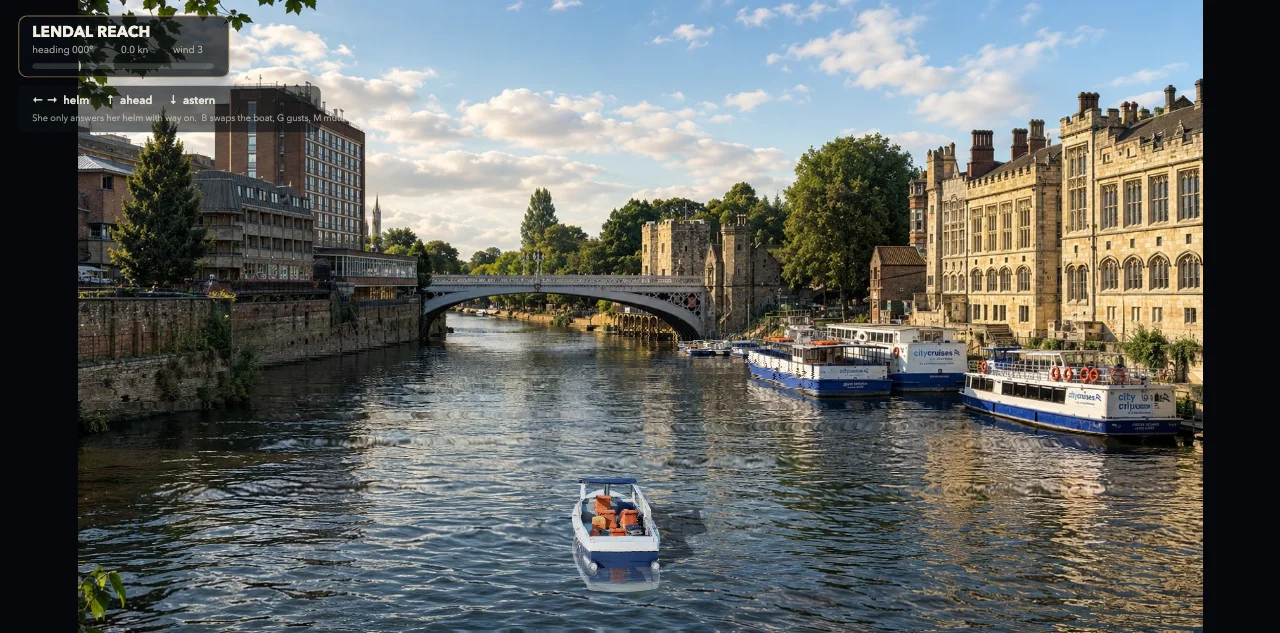 A boat on York’s River Ouse, with a stone bridge and riverside buildings.
