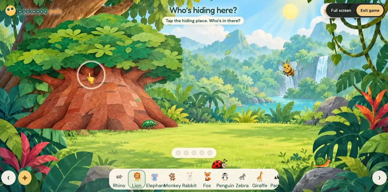A lion revealed in the hollow of a painted tree in Peekaboo Pals.