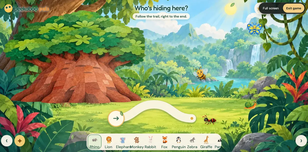 A painted tree and animal-selection strip in the Peekaboo Pals hide-and-seek game.