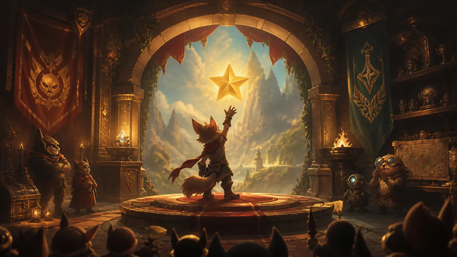 An illustrated character reaching a glowing star on a stage, the level completed.