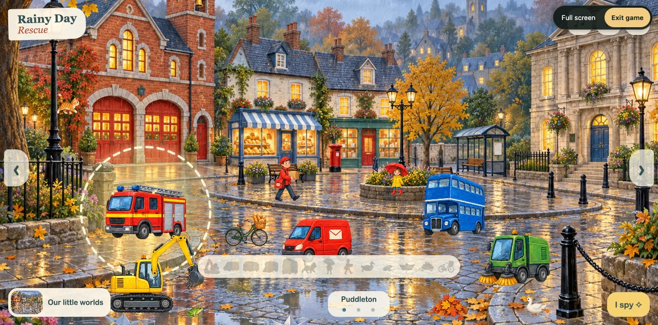 Puddleton’s illustrated streets with interactive discoveries and world-selection controls.