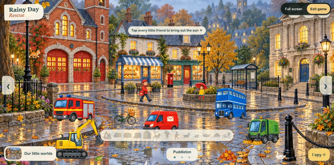 An illustrated rainy town with a bakery, vehicles, umbrellas and small characters.