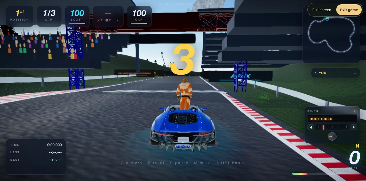 A Roof Rider racing scene with a sports car and the driving interface.