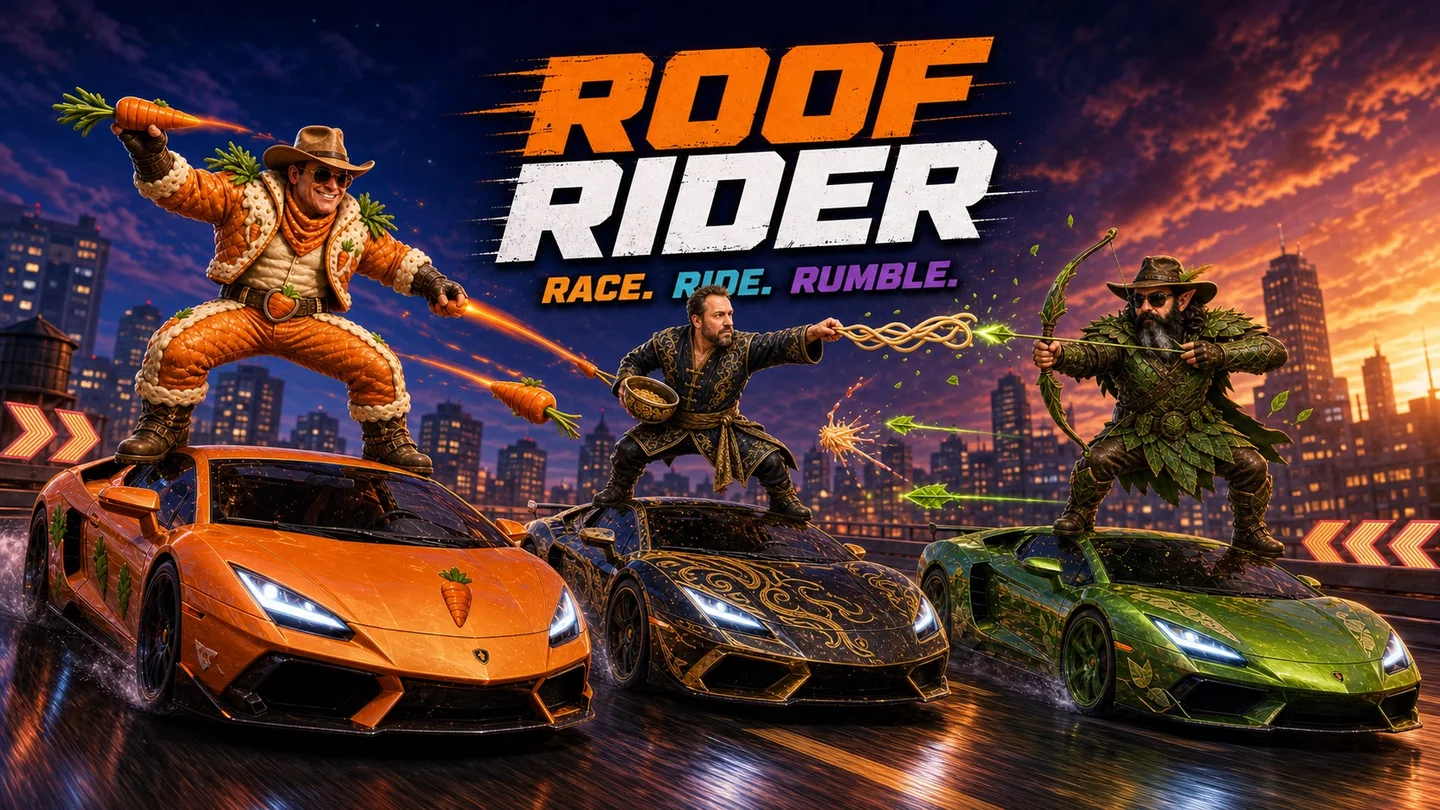Roof Rider title artwork showing characters riding on sports cars.
